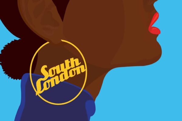 A graphic silhouette of a woman wearing a gold hoop earring that spells 'South London'